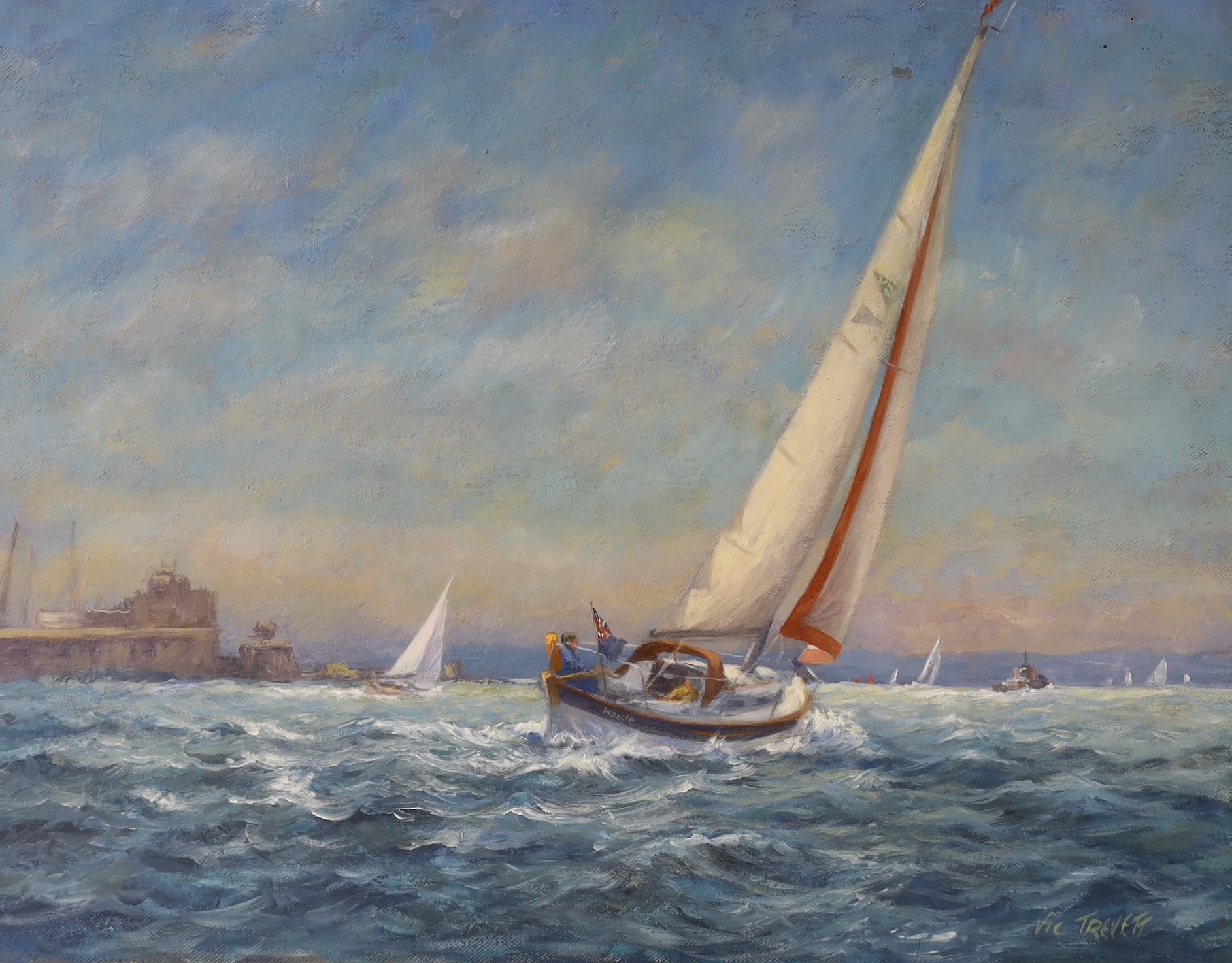 Vic. Trevett (b.1930), two oils on canvas, 'Moonshine passing Wallet Spitway' and 'Maud entering The Medway', signed, 34 x 44cm